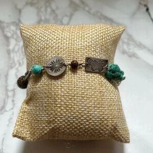 Boho Silver Turquoise and Beaded Bracelet 7"